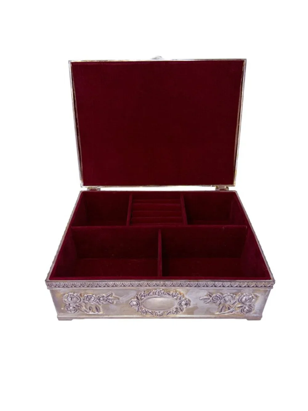 Vintage Godinger Silver Plate Jewelry Box with Roses and Red Velvet‎ Interior